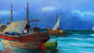 Nocturnal seaside old painting by Alfredo Stengher 1920 painter original oil Italian vintage artwork
