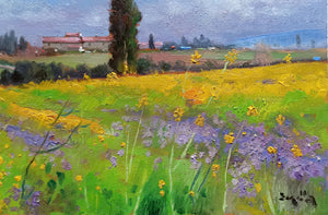 Tuscany painting, by Andrea Borella painter, "Countryside with yellow flowers",Italy Toscana landscape