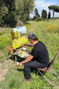 Tuscany painting Andrea Borella painter "Sunflowers field panorama" original landscape artwork Italy