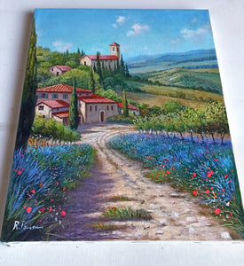 Tuscany painting landscape by Raimondo Pacini "The lavender field " Toscana artwork impressionist oil canvas