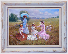 Load image into Gallery viewer, Italian painting by Domenico Ronca painter &quot;Picnic for women only&quot; original oil on canvas artwork
