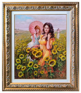 Italian painting by Domenico Ronca painter "Girls between sunflowers" oil canvas original Italian artwork