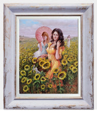 Load image into Gallery viewer, Italian painting by Domenico Ronca painter &quot;Girls between sunflowers&quot; oil canvas original Italian artwork
