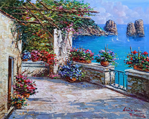 Capri painting by Domenico Caiazza "Terrace with flowers" oil canvas original