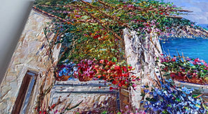 Capri painting by Domenico Caiazza "Terrace with flowers" oil canvas original