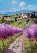 Load image into Gallery viewer, Tuscany painting by Raimondo Pacini painter &quot;Path between peach tree&quot; landscape Toscana artwork
