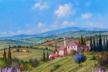 Load image into Gallery viewer, Tuscany painting by Raimondo Pacini painter &quot;Path between peach tree&quot; landscape Toscana artwork
