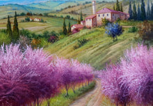 Load image into Gallery viewer, Tuscany painting by Raimondo Pacini painter &quot;Path between peach tree&quot; landscape Toscana artwork
