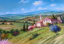 Load image into Gallery viewer, Tuscany painting by Raimondo Pacini painter &quot;Path between peach tree&quot; landscape Toscana artwork
