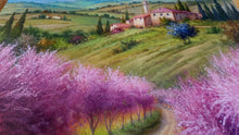 Load image into Gallery viewer, Tuscany painting by Raimondo Pacini painter &quot;Path between peach tree&quot; landscape Toscana artwork
