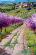 Load image into Gallery viewer, Tuscany painting by Raimondo Pacini painter &quot;Path between peach tree&quot; landscape Toscana artwork
