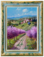 Load image into Gallery viewer, Tuscany painting by Raimondo Pacini painter &quot;Path between peach tree&quot; landscape Toscana artwork
