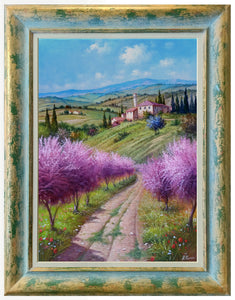 Tuscany painting by Raimondo Pacini painter "Path between peach tree" landscape Toscana artwork