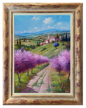 Load image into Gallery viewer, Tuscany painting by Raimondo Pacini painter &quot;Path between peach tree&quot; landscape Toscana artwork
