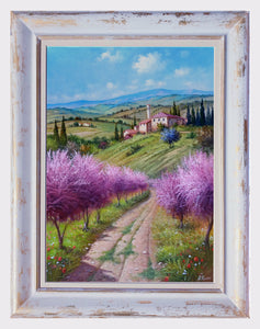 Tuscany painting by Raimondo Pacini painter "Path between peach tree" landscape Toscana artwork