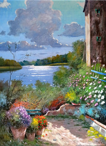 Italian painting Andrea Borella painter "Afternoon on the lake" landscape original oil artwork Italy