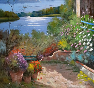 Italian painting Andrea Borella painter "Afternoon on the lake" landscape original oil artwork Italy