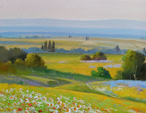 Tuscany painting Andrea Borella painter "Countryside with flowers" landscape original canvas artwork Italy