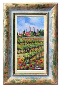 Tuscany painting Bruno Chirici original "Medieval village vineyard" landscape oil on canvas