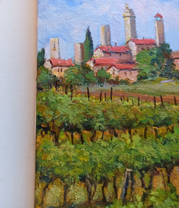 Tuscany painting Bruno Chirici original "Medieval village vineyard" landscape oil on canvas