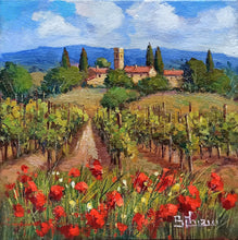 Load image into Gallery viewer, Tuscany painting Bruno Chirici &quot;Village with flowery vineyard&quot; Toscana artwork landscape oil canvas
