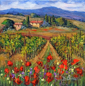 Tuscany painting by Bruno Chirici "The vineyard path" Toscana artwork landscape oil canvas