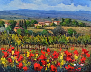 Tuscany painting by Bruno Chirici "Flowers in the vineyard" original oil artwork on canvas