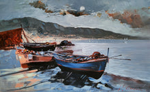 Load image into Gallery viewer, Southern Italy painting &quot;Boats at rest&quot; oil canvas original painter Vittorio Colucci Italian seaside
