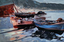 Load image into Gallery viewer, Southern Italy painting &quot;Boats at rest&quot; oil canvas original painter Vittorio Colucci Italian seaside
