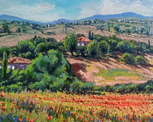 Load image into Gallery viewer, Tuscany painting by Roberto Gai &quot;Expanse of red poppies&quot; Toscana artwork landscape oil canvas
