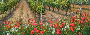 Tuscany painting landscape by Raimondo Pacini "Daisies & Poppies in the vineyard" Toscana artwork impressionist oil canvas