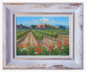 Tuscany painting landscape by Raimondo Pacini "Daisies & Poppies in the vineyard" Toscana artwork impressionist oil canvas