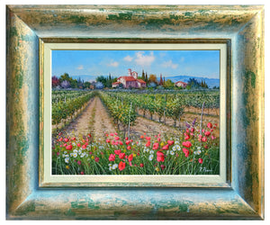 Tuscany painting landscape by Raimondo Pacini "Daisies & Poppies in the vineyard" Toscana artwork impressionist oil canvas