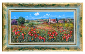 Tuscany painting by Raimondo Pacini painter "Field of colorful flowers" original canvas Toscana landscape