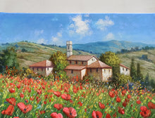 Load image into Gallery viewer, Tuscany painting landscape by Raimondo Pacini &quot;Red wildflowers&quot; Toscana artwork impressionist oil canvas
