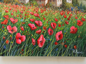 Tuscany painting landscape by Raimondo Pacini "Red wildflowers" Toscana artwork impressionist oil canvas