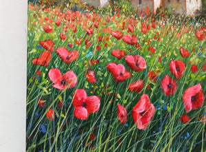 Tuscany painting landscape by Raimondo Pacini "Red wildflowers" Toscana artwork impressionist oil canvas