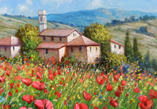 Load image into Gallery viewer, Tuscany painting landscape by Raimondo Pacini &quot;Red wildflowers&quot; Toscana artwork impressionist oil canvas
