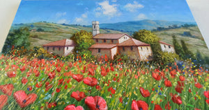 Tuscany painting landscape by Raimondo Pacini "Red wildflowers" Toscana artwork impressionist oil canvas