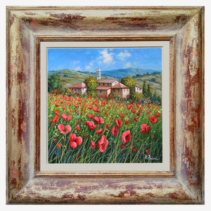 Tuscany painting landscape by Raimondo Pacini "Red wildflowers" Toscana artwork impressionist oil canvas