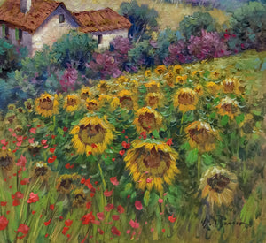 Tuscany painting Domenico Ronca painter "Landscape with sunflowers" oil canvas original Toscana artwork