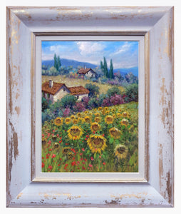 Tuscany painting Domenico Ronca painter "Landscape with sunflowers" oil canvas original Toscana artwork