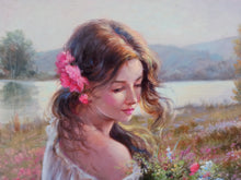 Load image into Gallery viewer, Italian painting Domenico Ronca painter &quot;Girl with flowers&quot; original oil on canvas artwork
