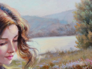 Italian painting Domenico Ronca painter "Girl with flowers" original oil on canvas artwork