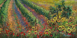 Tuscany painting by Domenico Ronca  "Vineyard with sunflowers" original Italian oil canvas