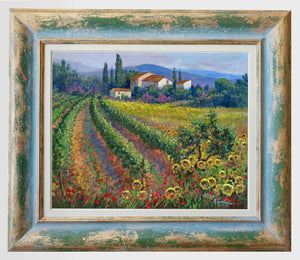 Tuscany painting by Domenico Ronca  "Vineyard with sunflowers" original Italian oil canvas