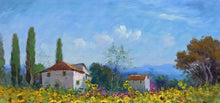 Load image into Gallery viewer, Tuscany painting by Domenico Ronca painter &quot;Houses among sunflowers&quot; oil canvas original Toscana artwork
