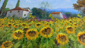 Tuscany painting by Domenico Ronca painter "Houses among sunflowers" oil canvas original Toscana artwork