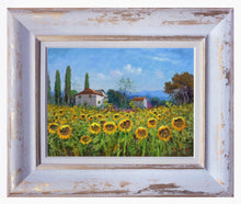 Load image into Gallery viewer, Tuscany painting by Domenico Ronca painter &quot;Houses among sunflowers&quot; oil canvas original Toscana artwork
