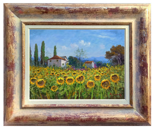 Tuscany painting by Domenico Ronca painter "Houses among sunflowers" oil canvas original Toscana artwork